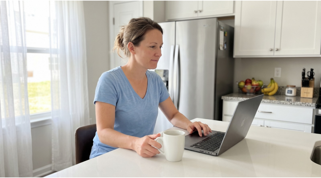 Woman checking debt relief eligibility on laptop at kitchen counter